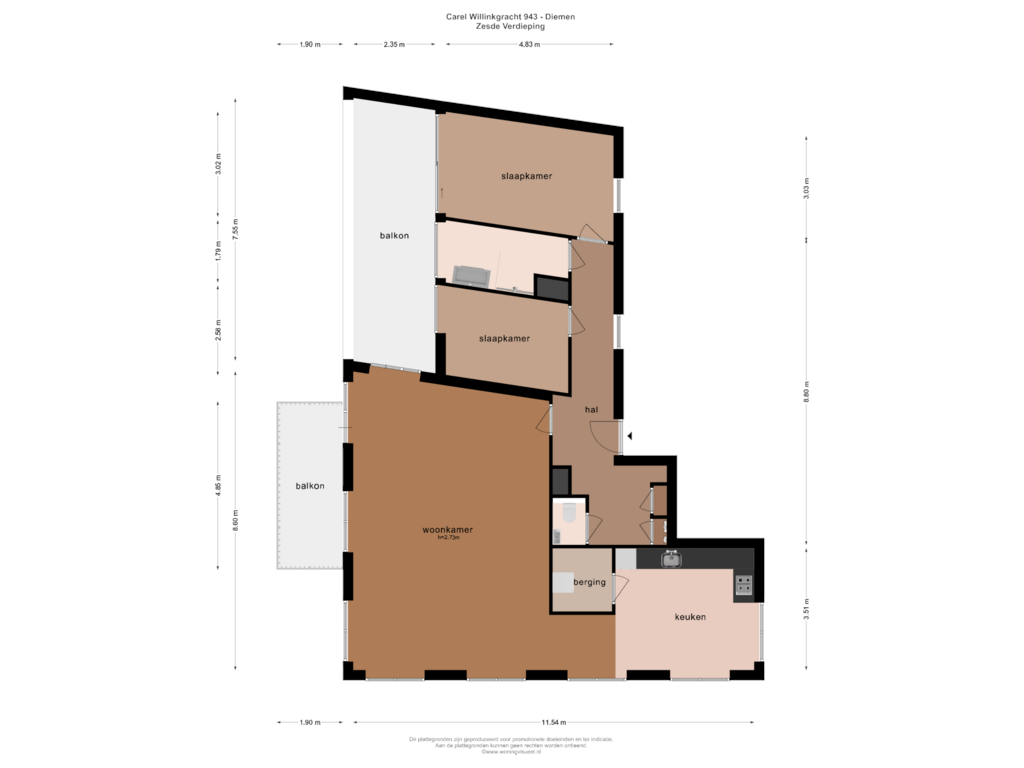 View floorplan of ZESDE VERDIEPING of Carel Willinkgracht 943