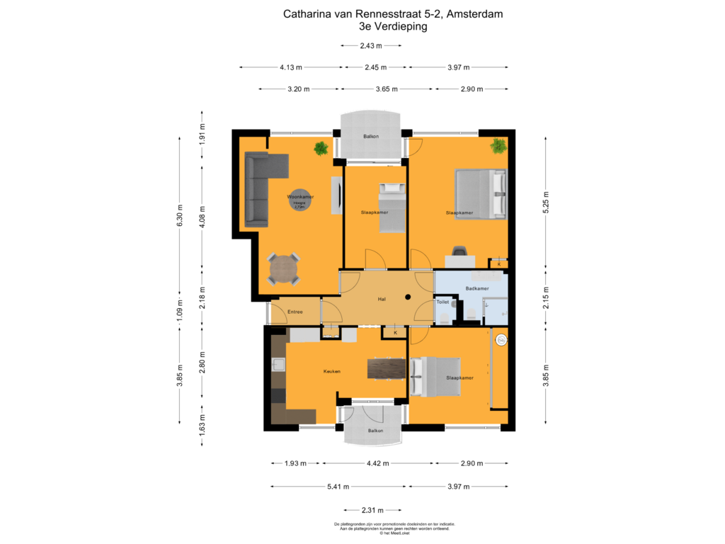 View floorplan of 3e Verdieping of Catharina van Rennesstraat 5-2