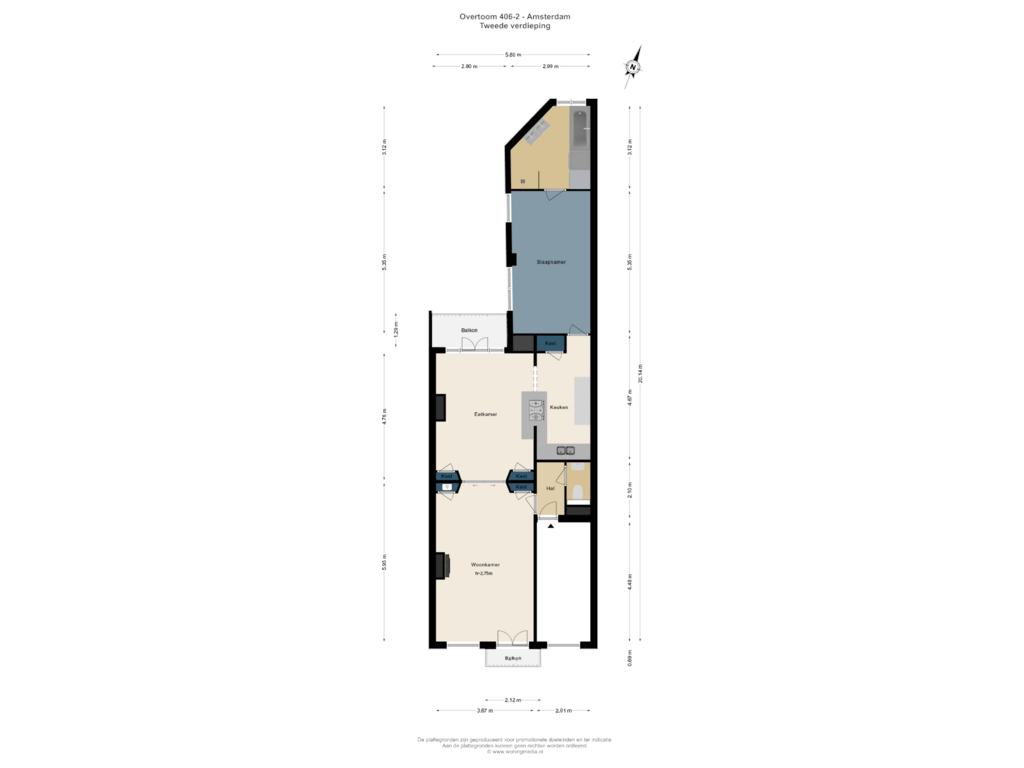 Bekijk plattegrond van 2e verd van Overtoom 406-2