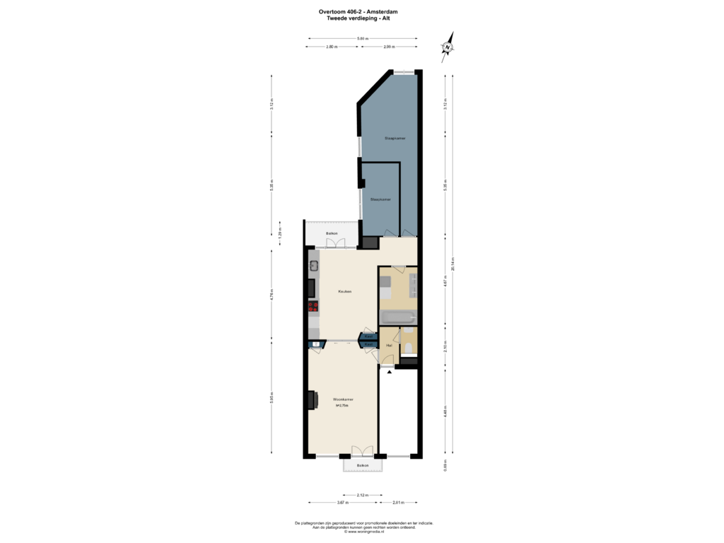 Bekijk plattegrond van 2e verd - ALt van Overtoom 406-2