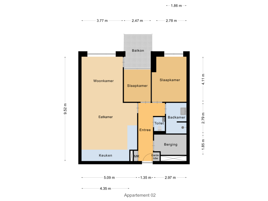 View floorplan of Appartement Zilverlinde type  B of Zilverlinde Appartement type B (Bouwnr. 2)