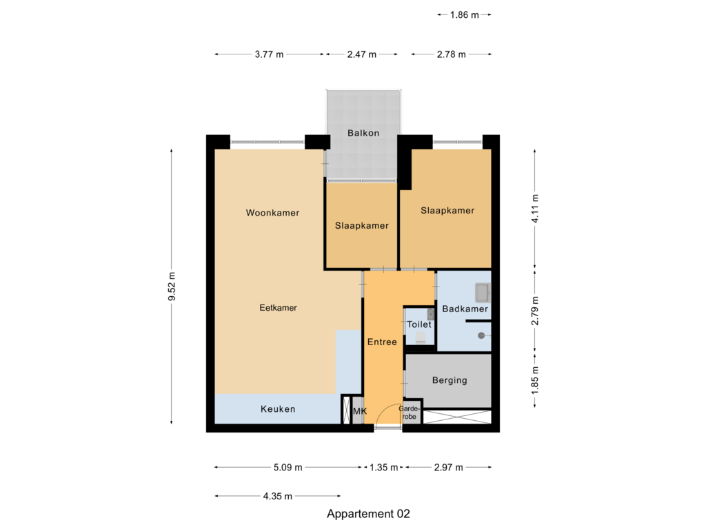 View floorplan of Appartement Zilverlinde type  B of Zilverlinde Appartement type B (Bouwnr. 14)