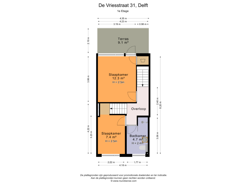 View floorplan of 1e Etage of De Vriesstraat 31