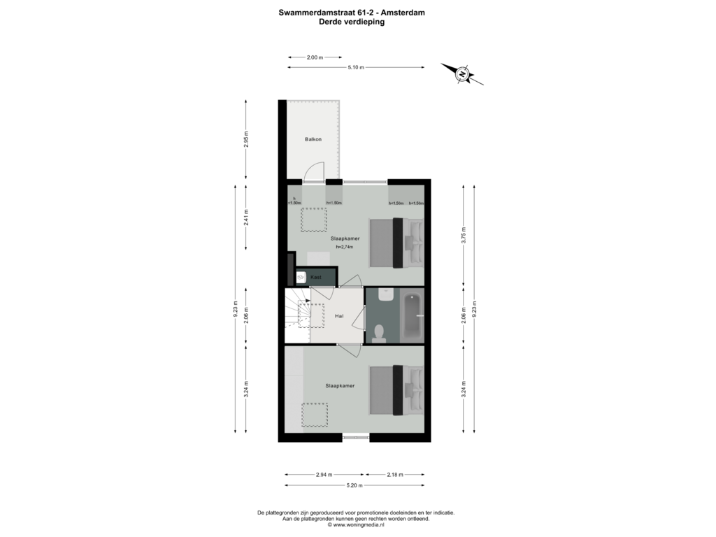 Bekijk plattegrond van Derde verdieping van Swammerdamstraat 61-2