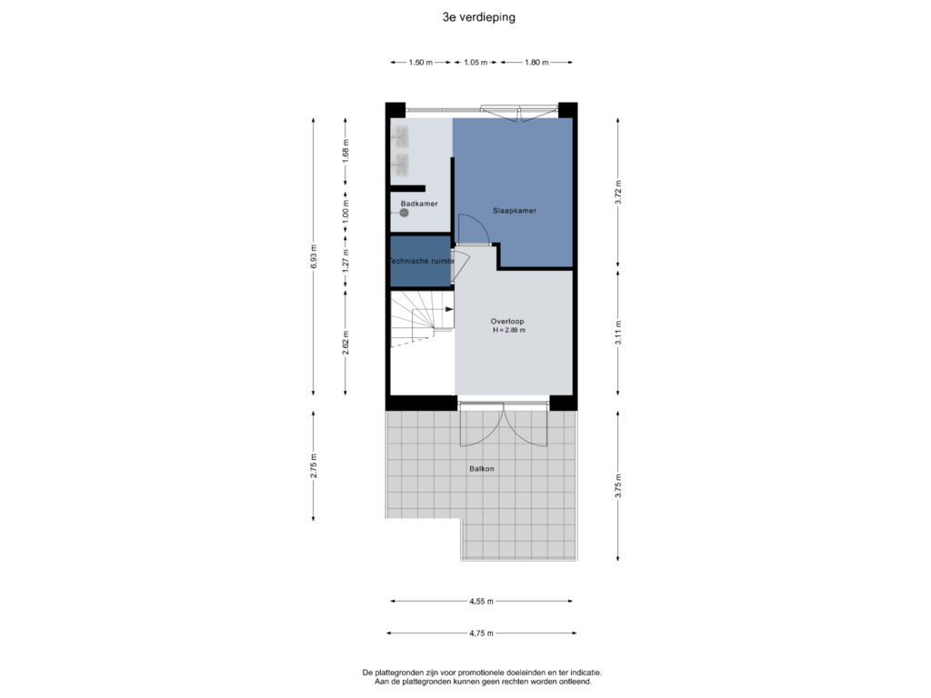 View floorplan of 3e verdieping of Kartonstraat 3