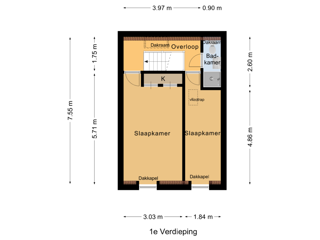 Bekijk plattegrond van 1e Verdieping van Grotestraat 5-B