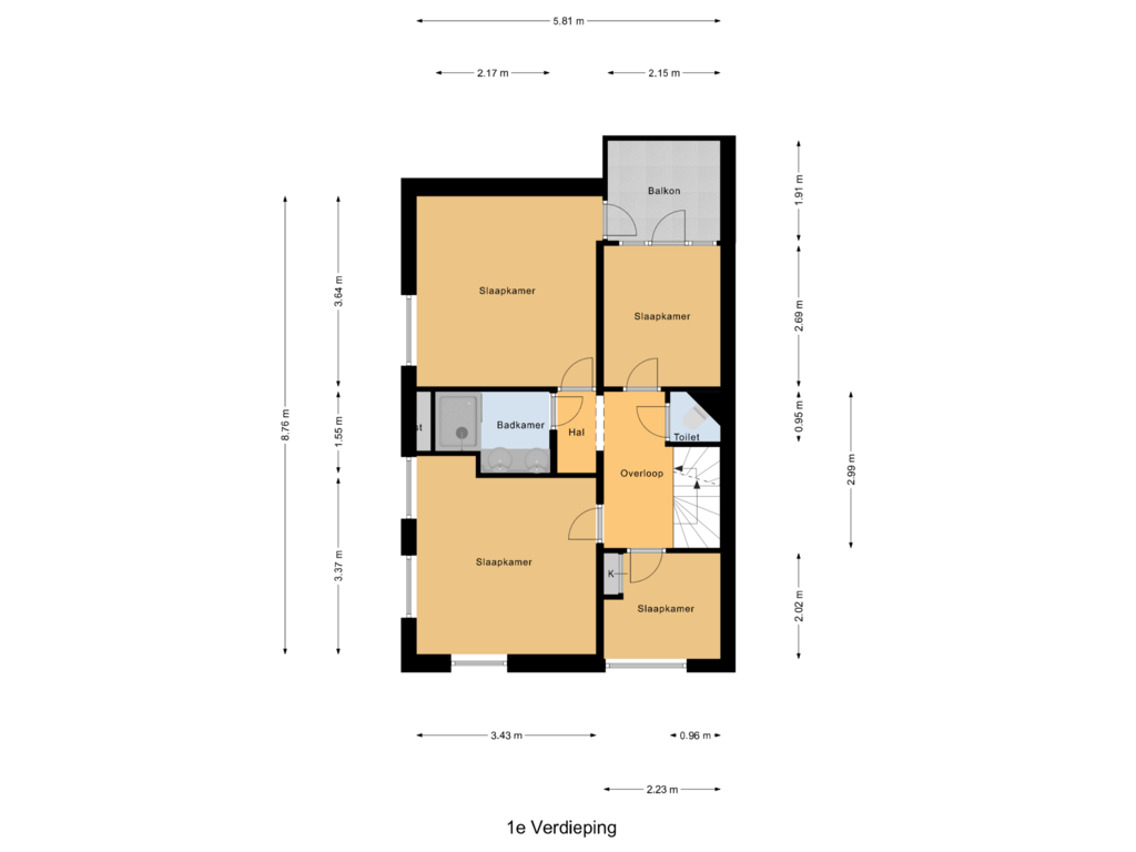 View floorplan of 1e Verdieping of Dwarsstraat 13