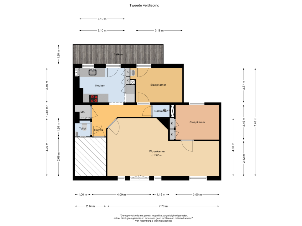 View floorplan of Tweede verdieping of Brederodestraat 107-2