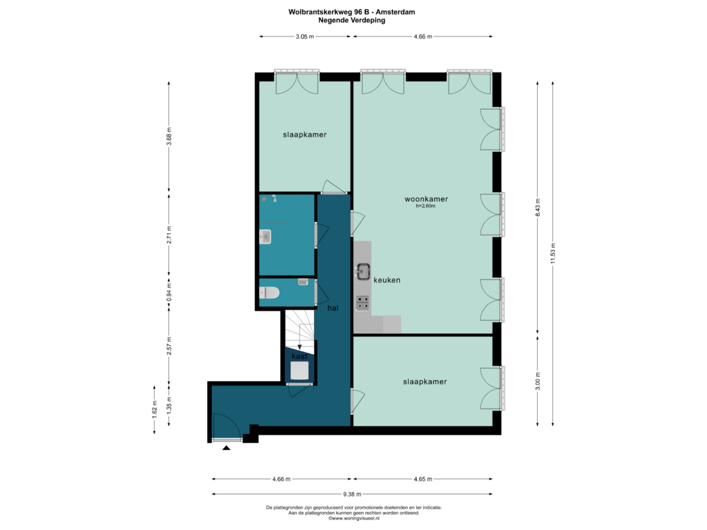 View floorplan of NEGENDE VERDIEPING of Wolbrantskerkweg 96-B