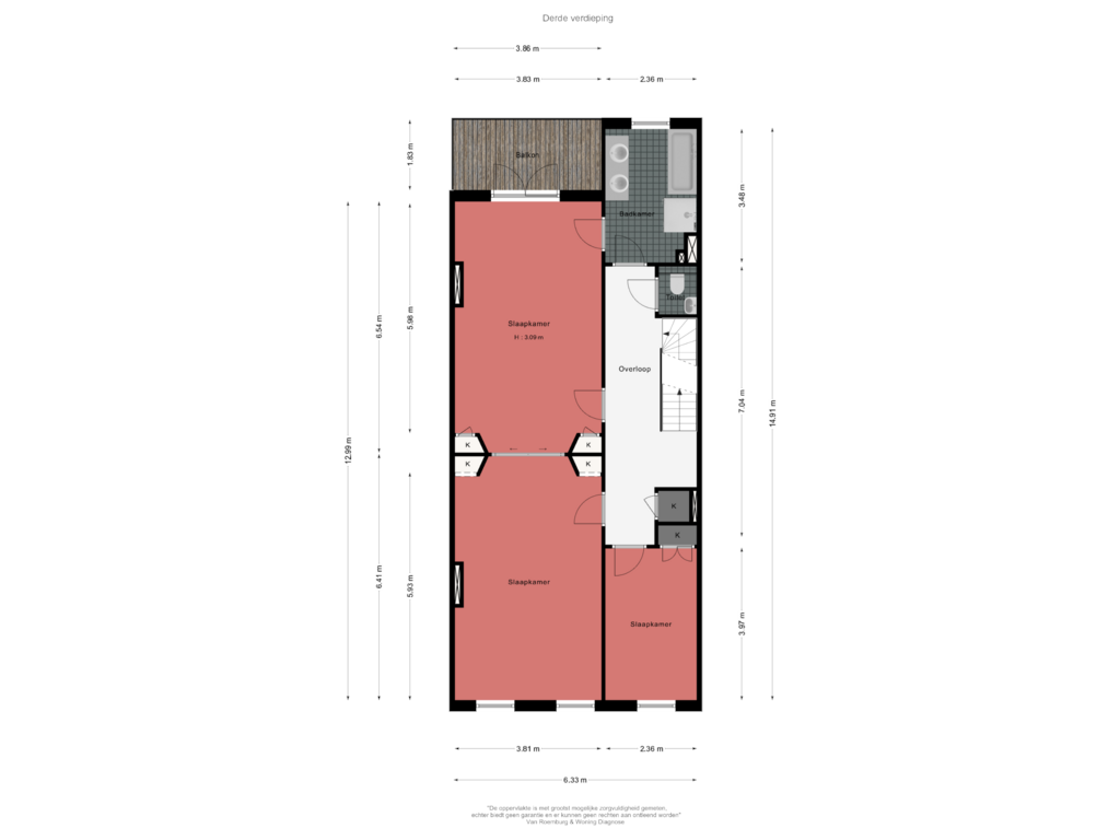 View floorplan of Derde verdieping of Van Baerlestraat 142-2