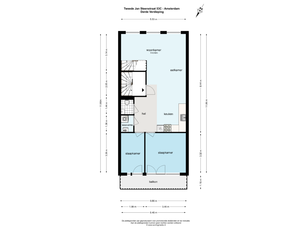 Bekijk plattegrond van Derde Verdieping van Tweede Jan Steenstraat 53-C