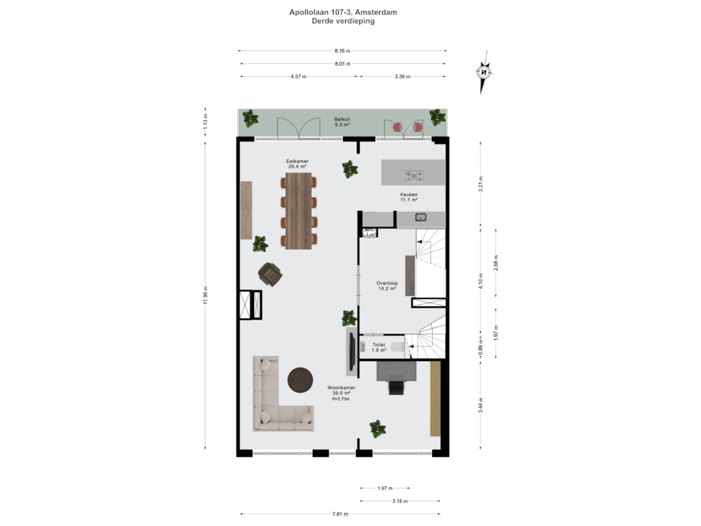 Bekijk plattegrond van Derde verdieping van Apollolaan 107-3