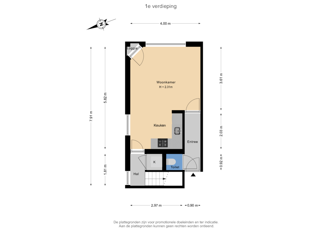 View floorplan of 1e verdieping of Dorpsstraat 54B