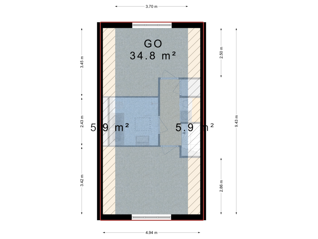 View floorplan of 2e verdieping of Van den Berghlaan 189