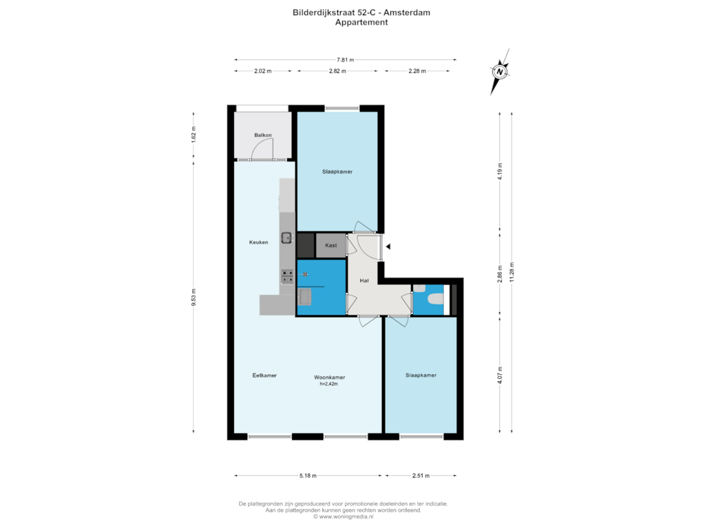 View floorplan of Appartement of Bilderdijkstraat 52-C