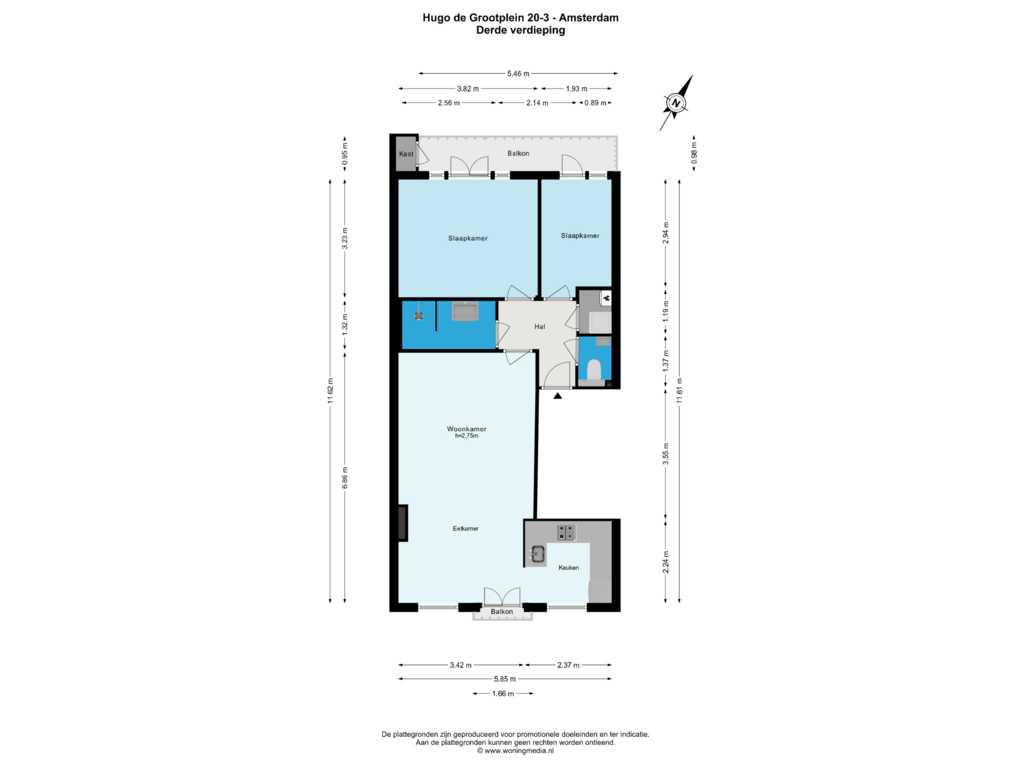 Bekijk plattegrond van Derde verdieping van Hugo de Grootplein 20-3