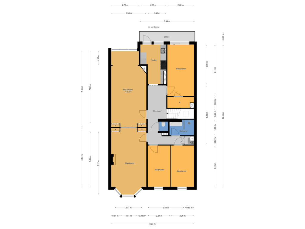 View floorplan of 2e Verdieping of Johan van Hoornstraat 33