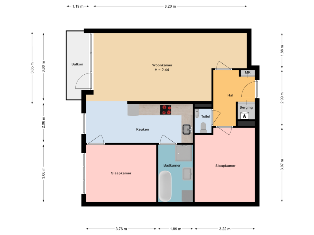 View floorplan of appartement of Ronsseweg 19