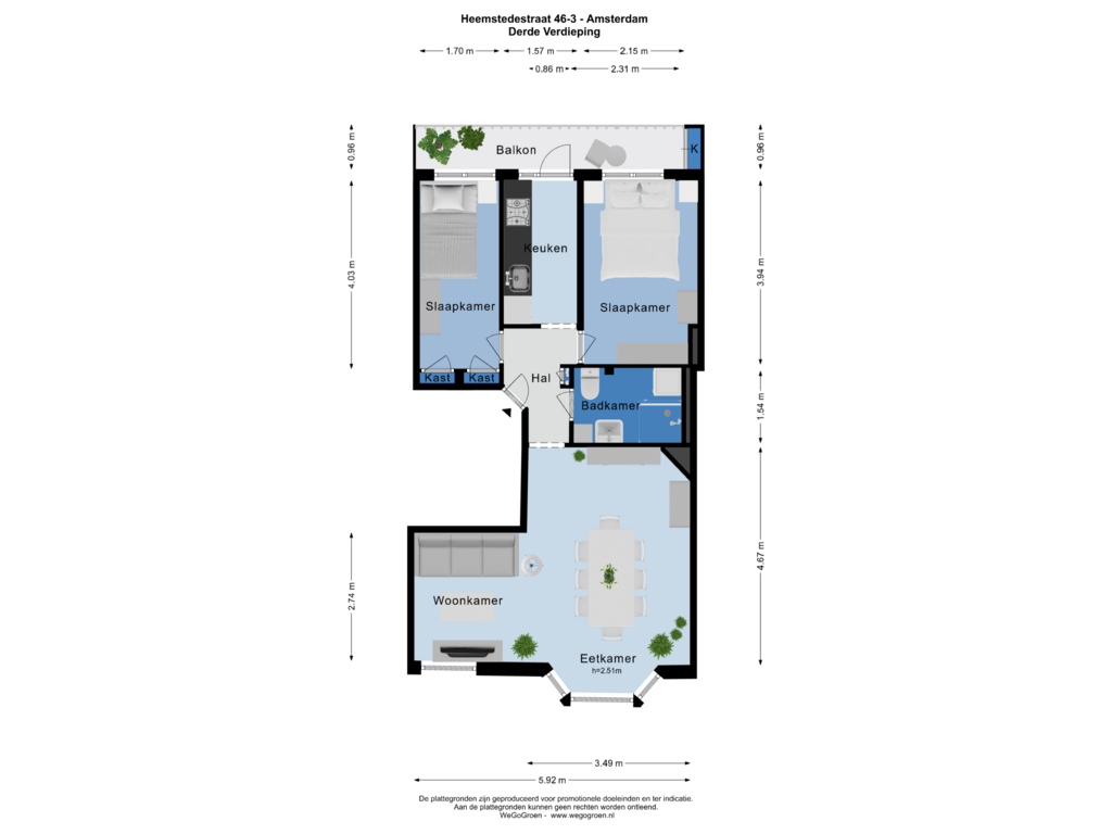 View floorplan of Derde Verdieping of Heemstedestraat 46-3