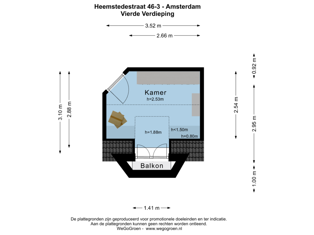 View floorplan of Vierde Verdieping of Heemstedestraat 46-3