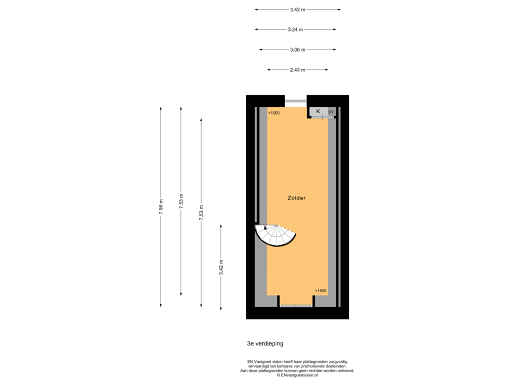 View floorplan of 3e verdieping of Noorderdwarsstraat 20