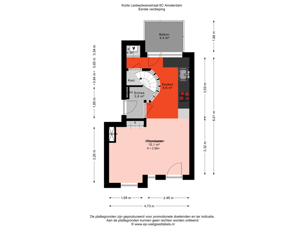 Bekijk plattegrond van Eerste verdieping van Korte Leidsedwarsstraat 6-C