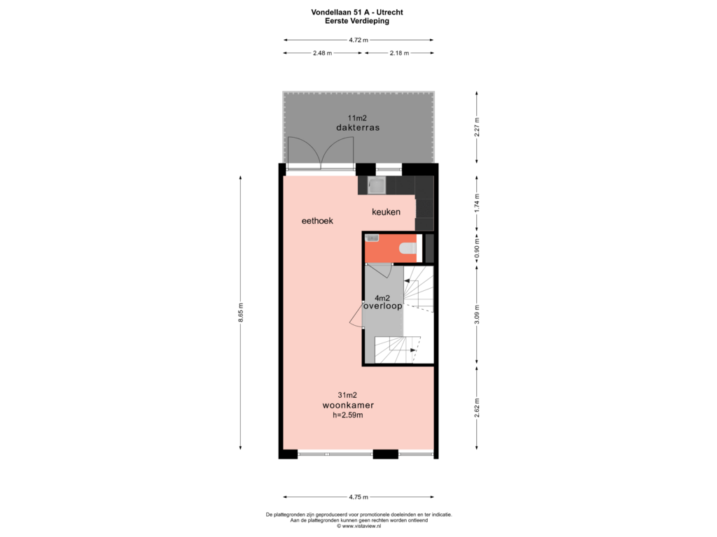 View floorplan of EERSTE VERDIEPING of Vondellaan 51-A