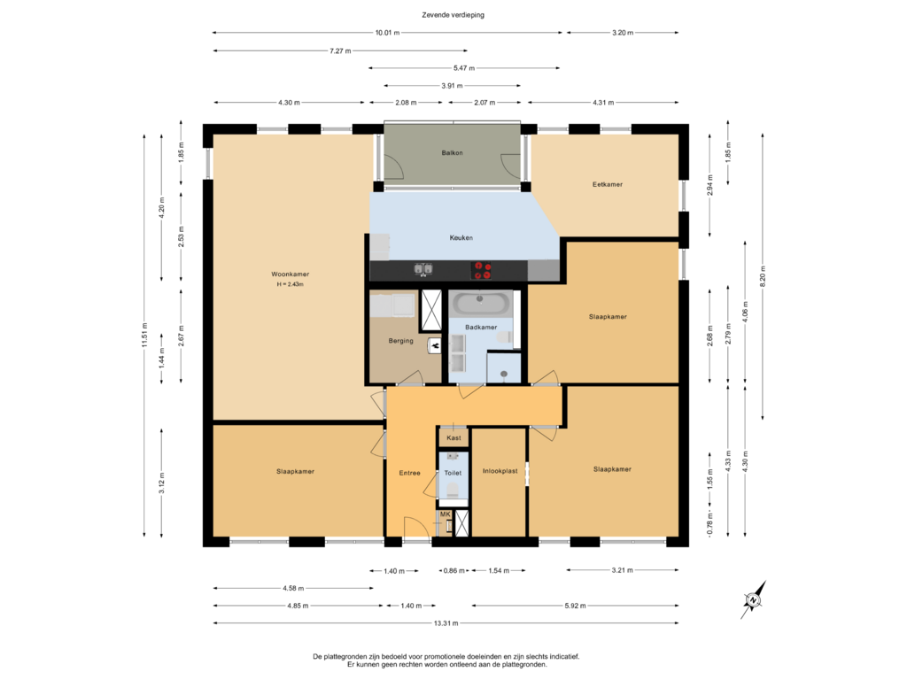 View floorplan of Zevende verdieping of Guadeloupestraat 113