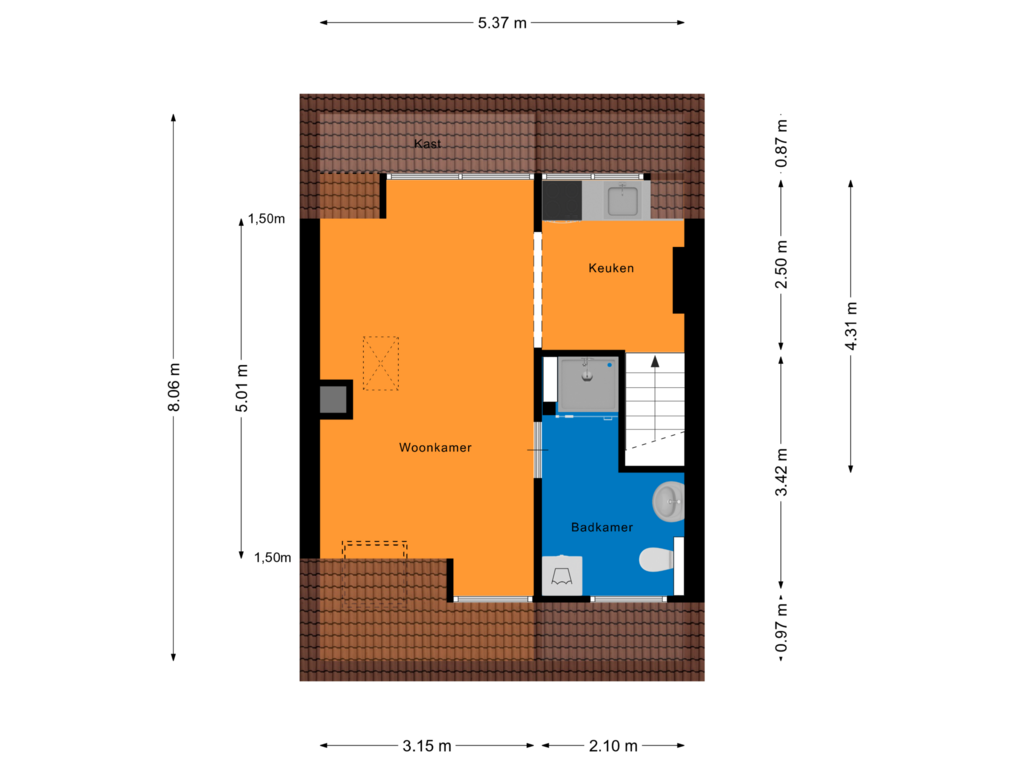 Bekijk plattegrond van Derde verdieping van Geldersedam 48-B