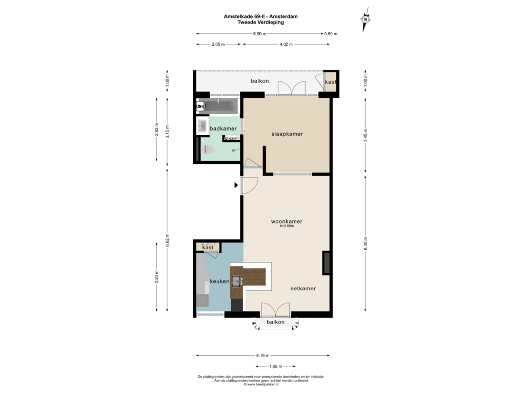 Bekijk plattegrond van TWEEDE VERDIEPING van Amstelkade 69-2