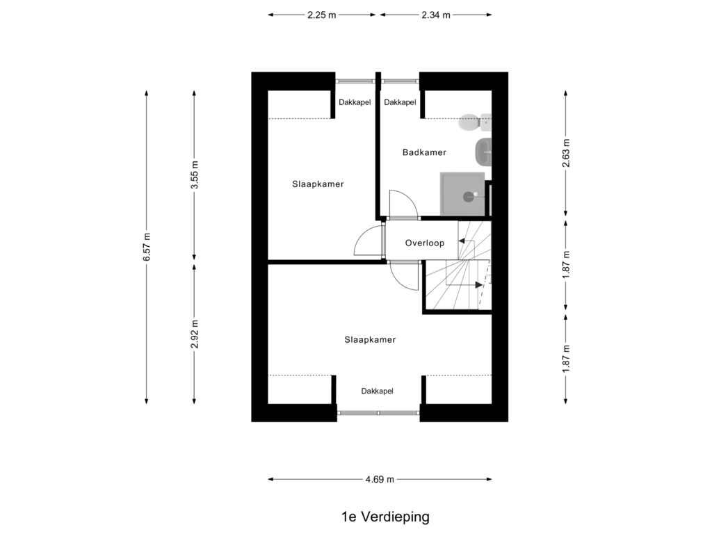 Bekijk plattegrond van 1e Verdieping van Zwanebloemstraat 45