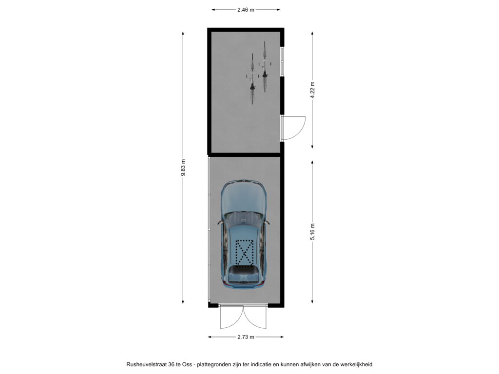 Bekijk plattegrond van Rusheuvelstraat 36 te Oss - garage en berging van Rusheuvelstraat 36