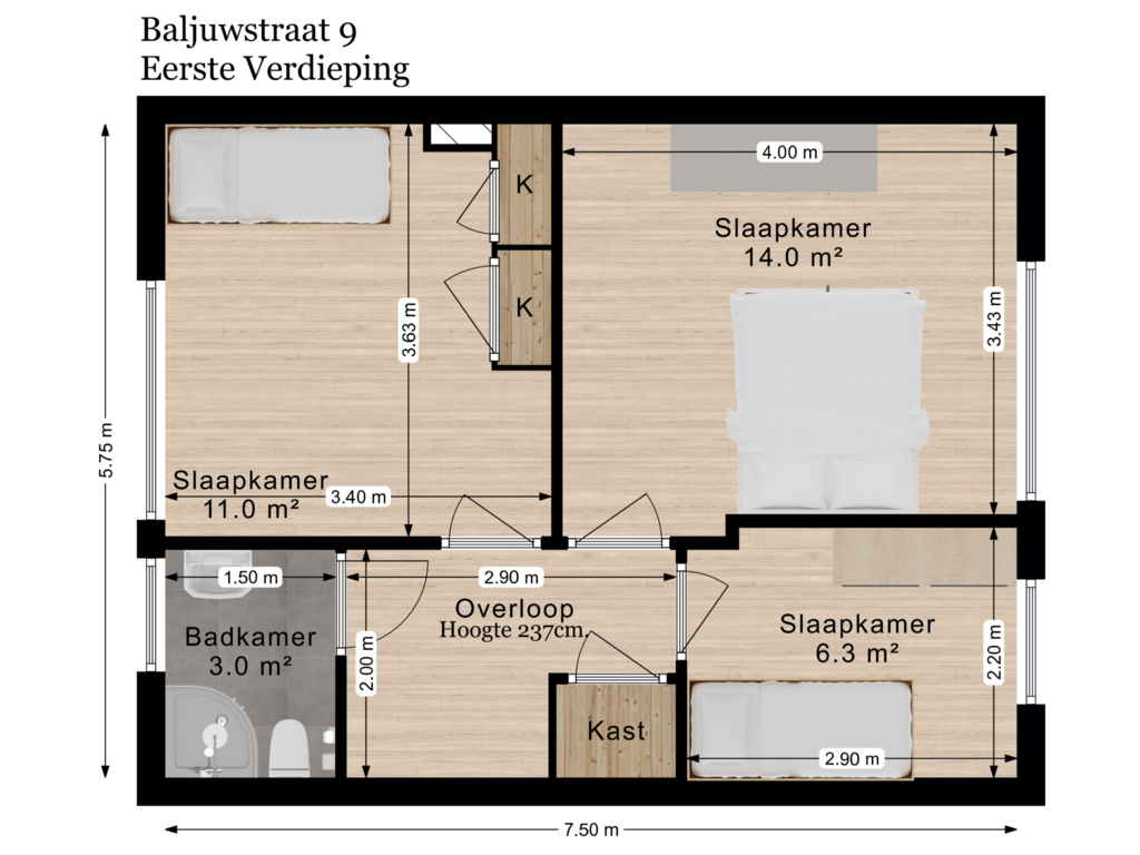 View floorplan of Eerste Verdieping of Baljuwstraat 9