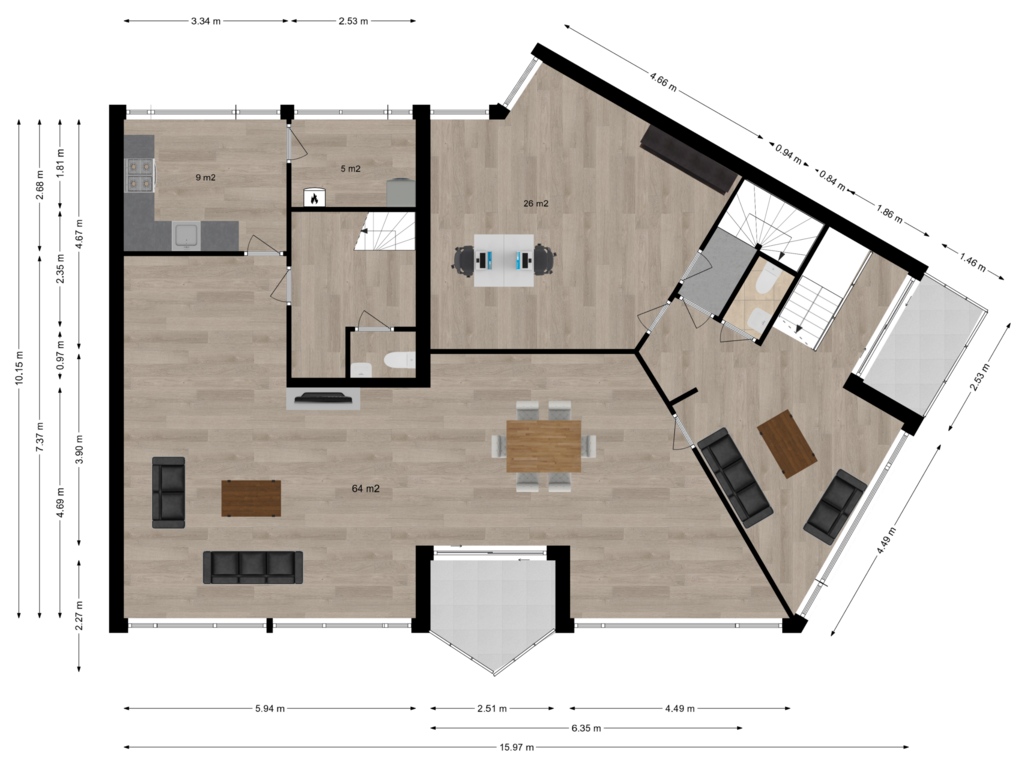 Bekijk plattegrond van Eerste woonlaag van Brugstraat 23