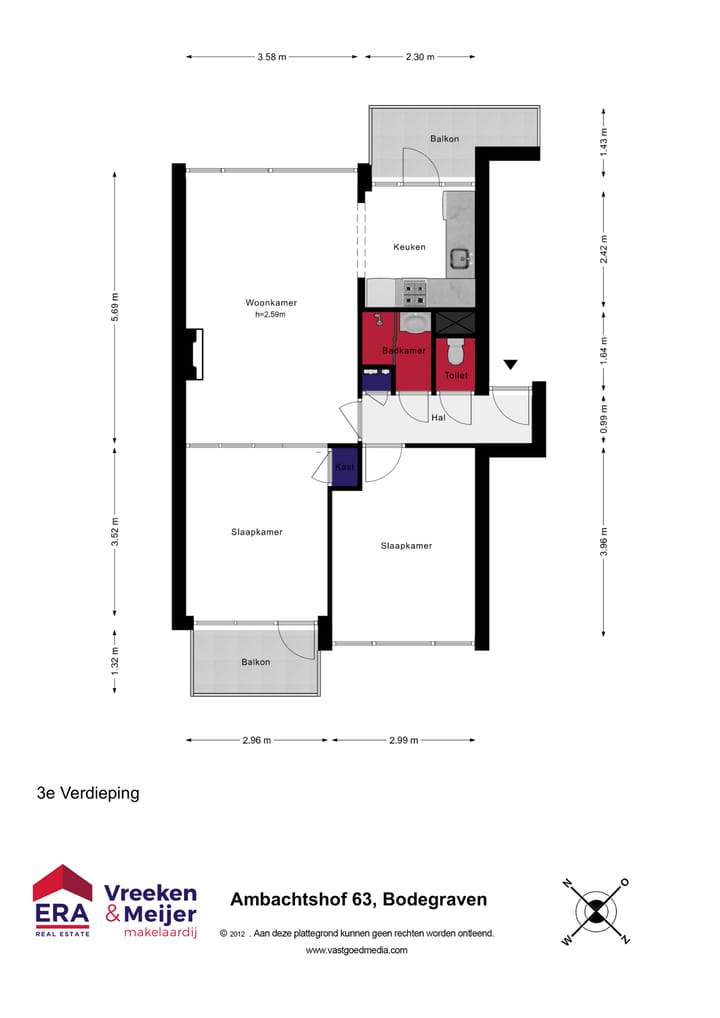 Bright 3-Room Apartment with Two Balconies Near Station and Town Centre — 59