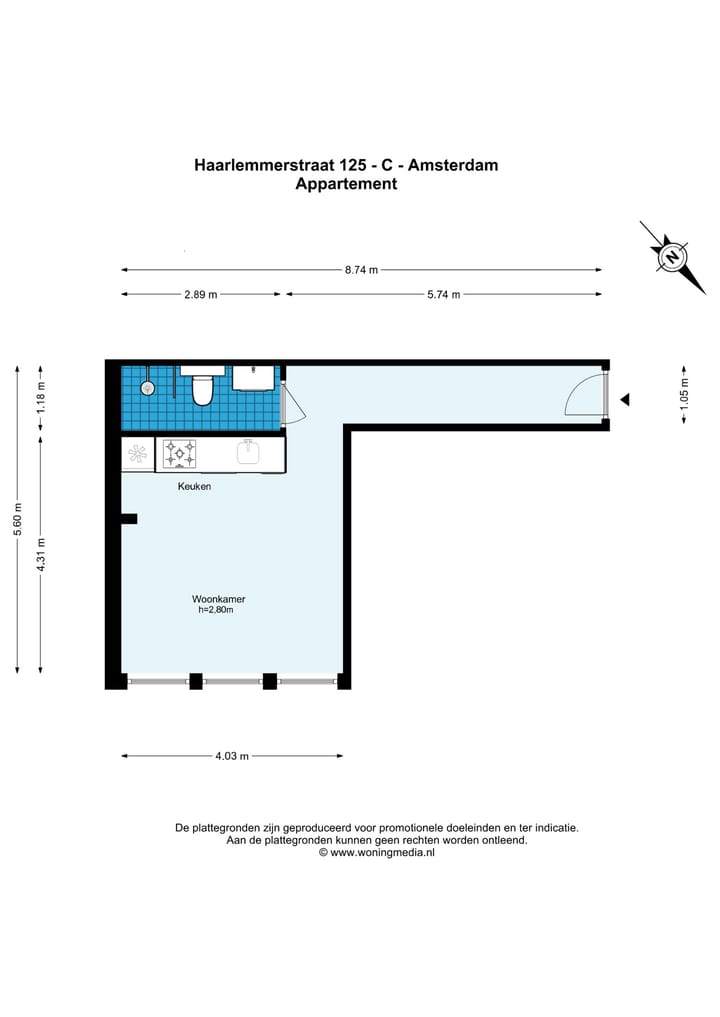 Studio te koop: Haarlemmerstraat 125C, Amsterdam